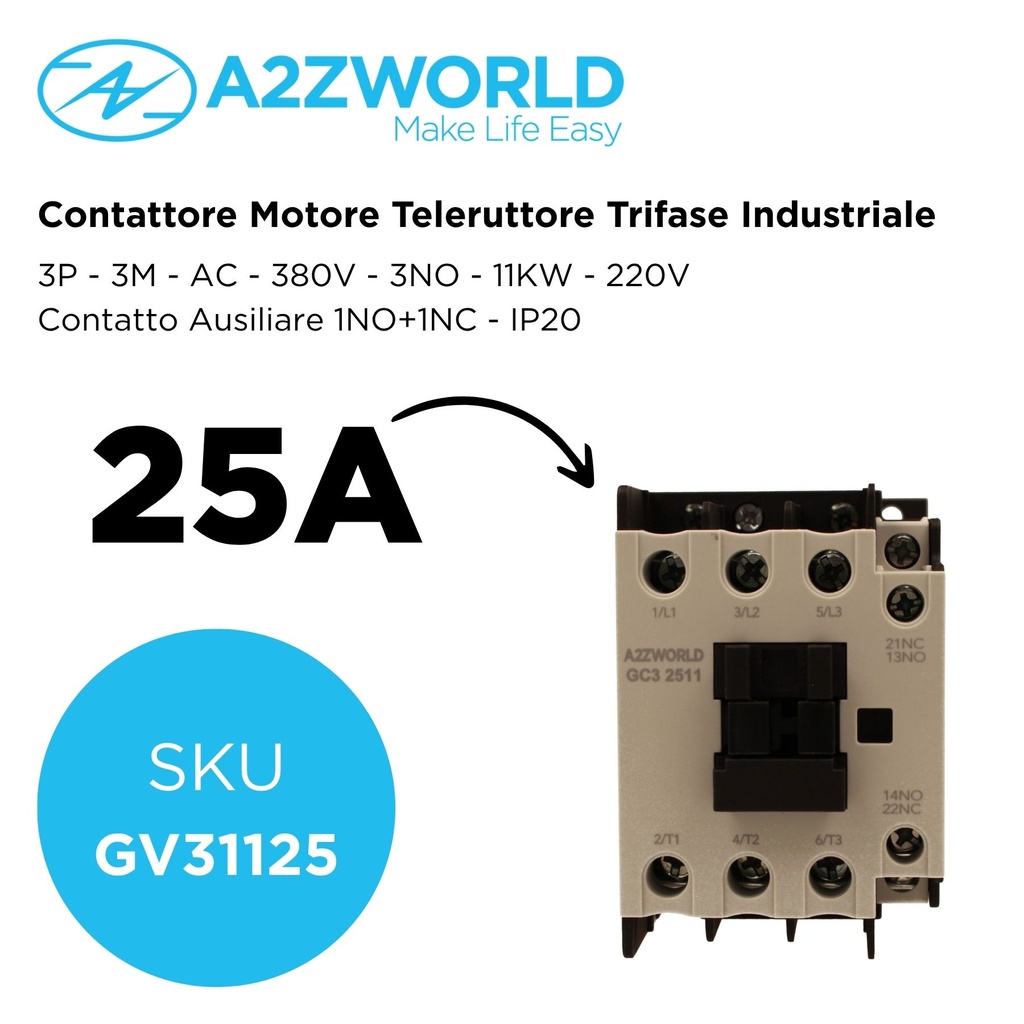 Contattore Motore 3P 3M, Teleruttore Trifase Industriale AC 380V 3NO, 25A 11KW, Bobina 220V AC, Contatto Ausiliare 1NO+1NC, IP20 IEC60947-4-1