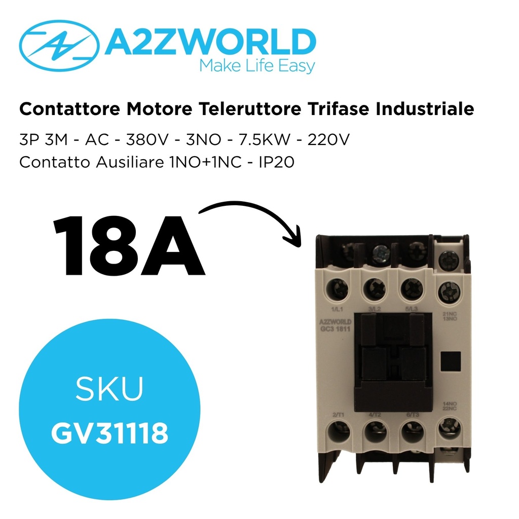 Contattore Motore 3P 3M, Teleruttore Trifase Industriale AC 380V 3NO, 18A 7.5KW, Bobina 220V AC, Contatto Ausiliare 1NO+1NC, IP20 IEC60947-4-1