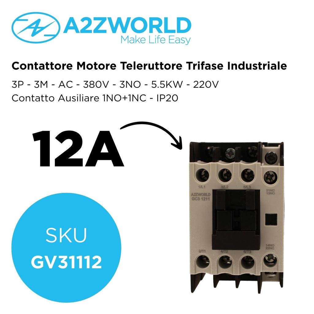 Contattore Motore 3P 3M, Teleruttore Trifase Industriale AC 380V 3NO, 12A 5.5KW, Bobina 220V AC, Contatto Ausiliare 1NO+1NC, IP20 IEC60947-4-1