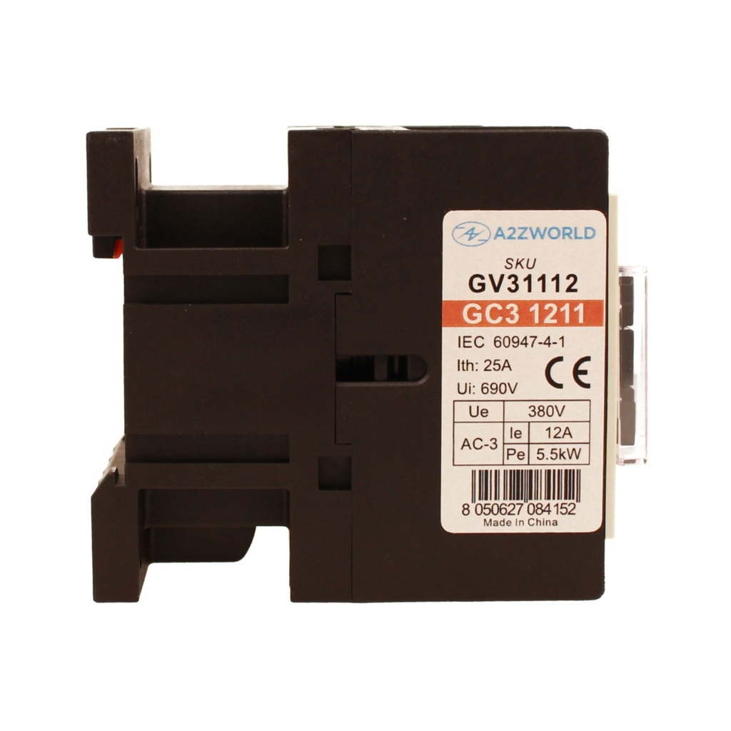 Contattore Motore 3P 3M, Teleruttore Trifase Industriale AC 380V 3NO, 12A 5.5KW, Bobina 220V AC, Contatto Ausiliare 1NO+1NC, IP20 IEC60947-4-1