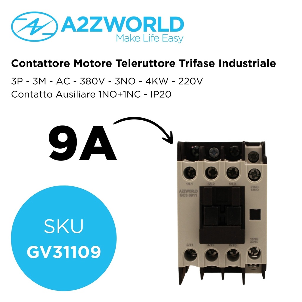 Contattore Motore 3P 3M, Teleruttore Trifase Industriale AC 380V 3NO, 9A 4KW, Bobina 220V AC, Contatto Ausiliare 1NO+1NC, IP20 IEC60947-4-1