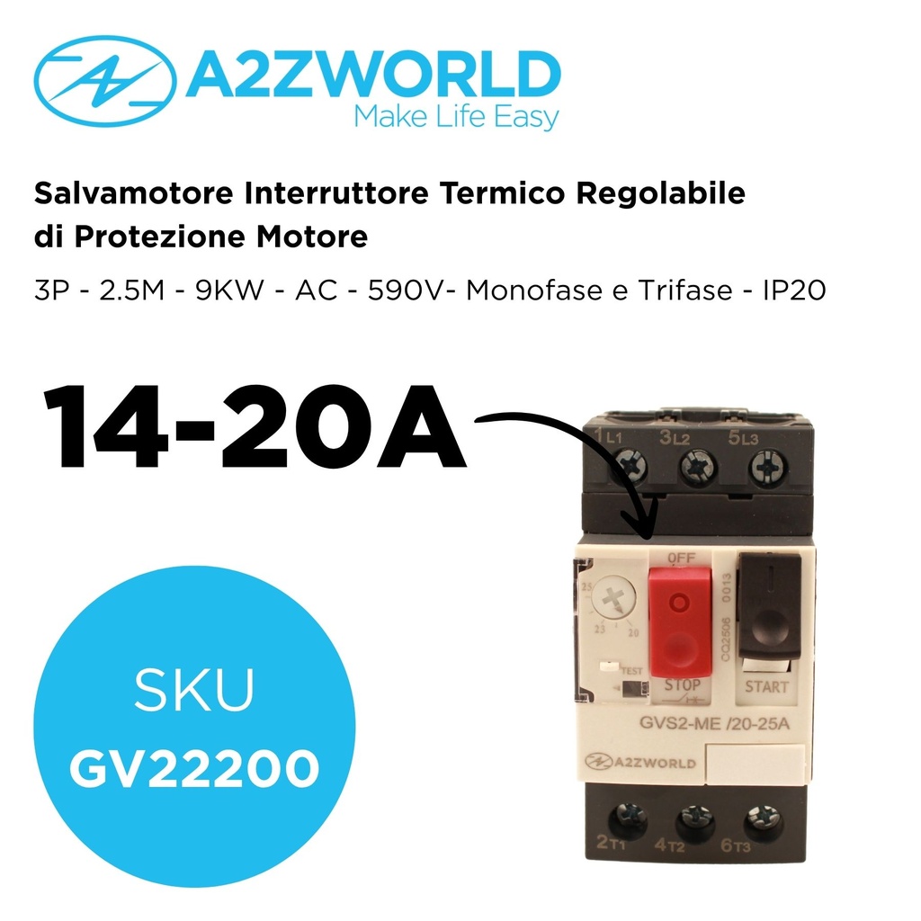 Salvamotore Interruttore Termico di Protezione Motore, 3P 2.5M Regolabile 20A 14-20A 9KW AC 590V Monofase e Trifase IP20 IEC60947-2