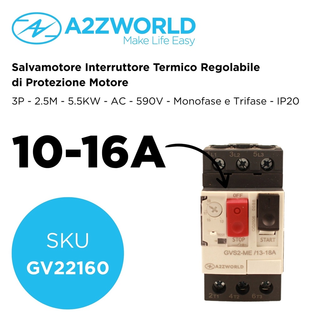 Salvamotore Interruttore Termico di Protezione Motore, 3P 2.5M Regolabile 16A 10-16A 5.5KW AC 590V Monofase e Trifase IP20 IEC60947-2