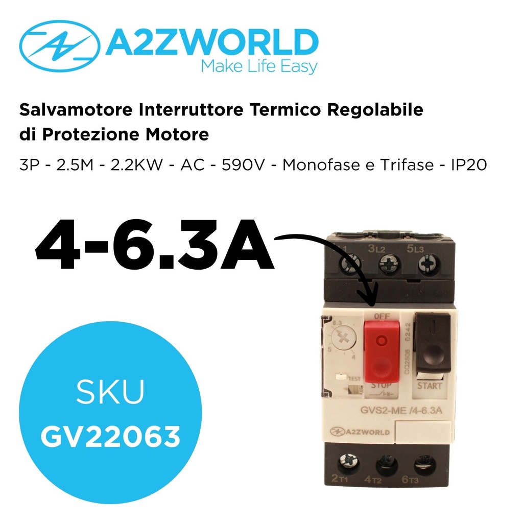 Salvamotore Interruttore Termico di Protezione Motore, 3P 2.5M Regolabile 6.3A 4-6.3A 2.2KW AC 590V Monofase e Trifase IP20 IEC60947-2