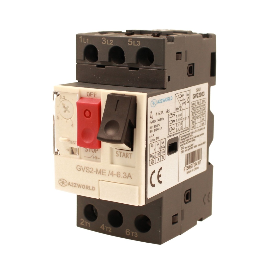 Salvamotore Interruttore Termico di Protezione Motore, 3P 2.5M Regolabile 6.3A 4-6.3A 2.2KW AC 590V Monofase e Trifase IP20 IEC60947-2