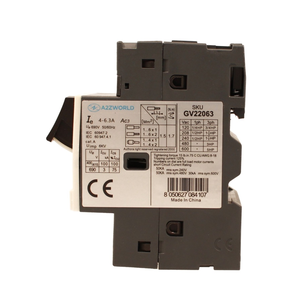 Salvamotore Interruttore Termico di Protezione Motore, 3P 2.5M Regolabile 6.3A 4-6.3A 2.2KW AC 590V Monofase e Trifase IP20 IEC60947-2