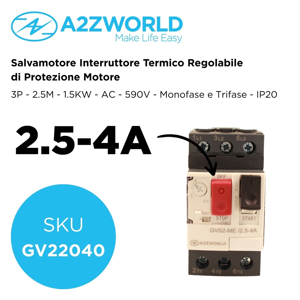 Salvamotore Interruttore Termico di Protezione Motore, 3P 2.5M Regolabile 4A 2.5-4A 1.5KW AC 590V Monofase e Trifase IP20 IEC60947-2