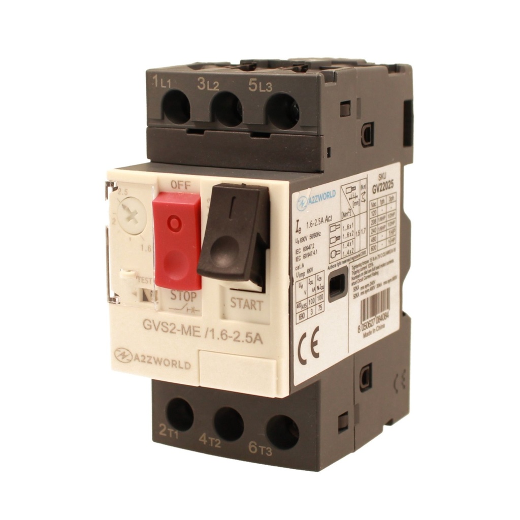 Salvamotore Interruttore Termico di Protezione Motore, 3P 2.5M Regolabile 2.5A 1.6-2.5A 0.75KW AC 590V Monofase e Trifase IP20 IEC60947-2