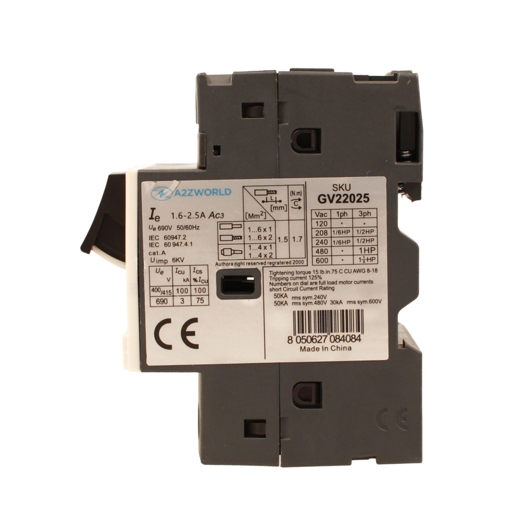 Salvamotore Interruttore Termico di Protezione Motore, 3P 2.5M Regolabile 2.5A 1.6-2.5A 0.75KW AC 590V Monofase e Trifase IP20 IEC60947-2