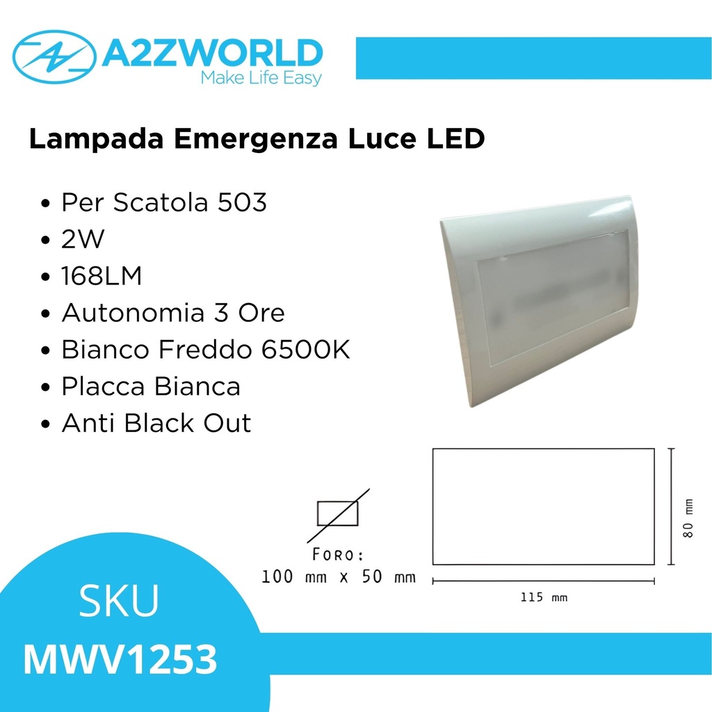 Lampada Emergenza Luce Led Per Scatola 503, 2W 168LM Autonomia 3 Ore, Bianco Freddo 6500K, Placca Bianca, Anti Black Out
