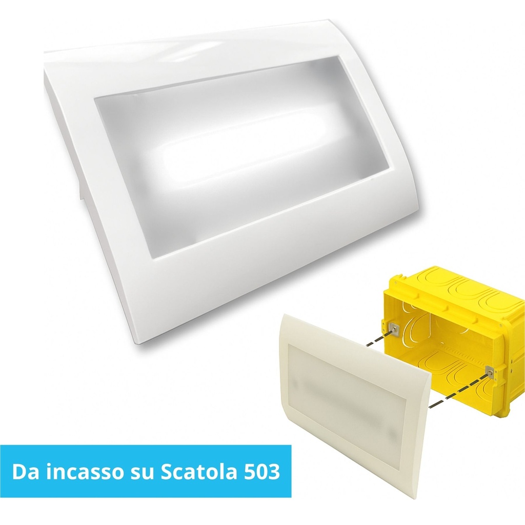 Lampada Emergenza Luce Led Per Scatola 503, 2W 168LM Autonomia 3 Ore, Bianco Freddo 6500K, Placca Bianca, Anti Black Out
