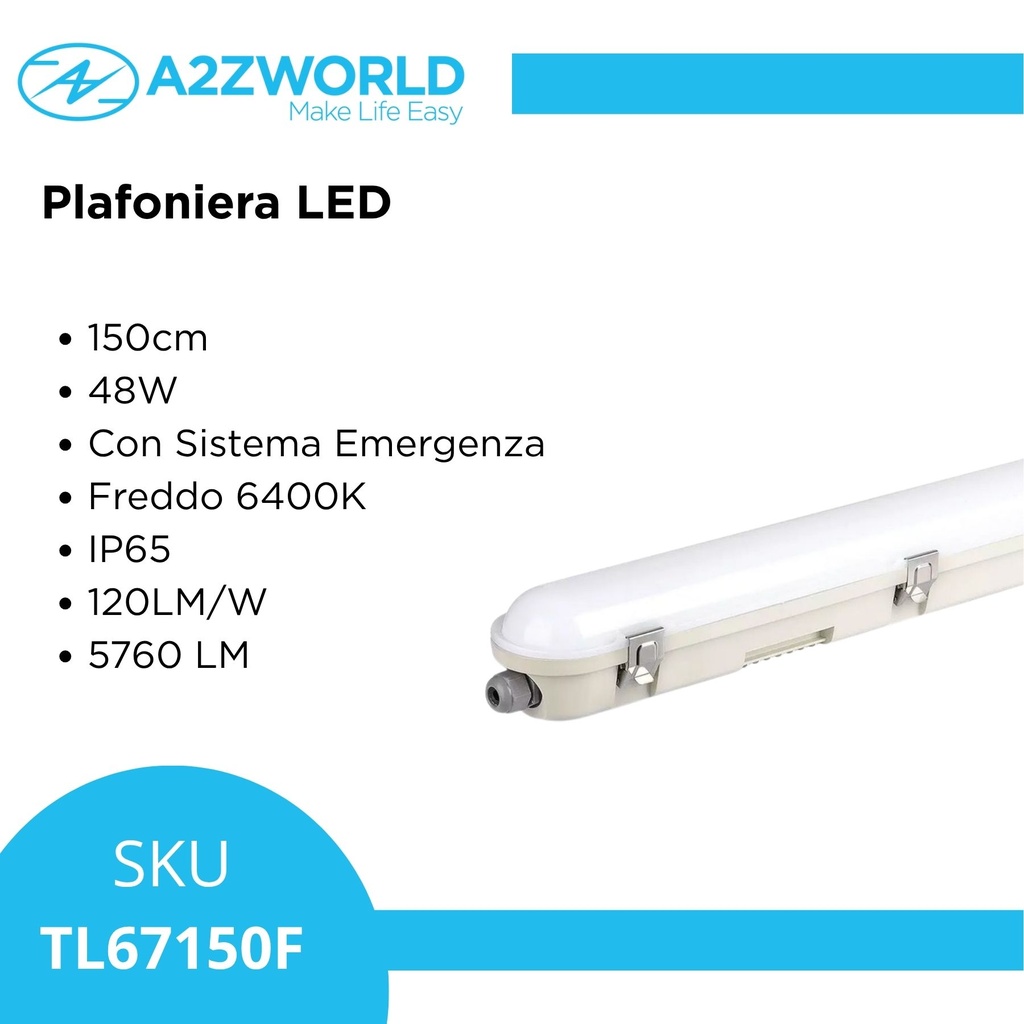 Plafoniera Led 150cm 48W Con Sistema Emergenza Freddo 6400K IP65 120LM/W 5760 lm SKU-2120220