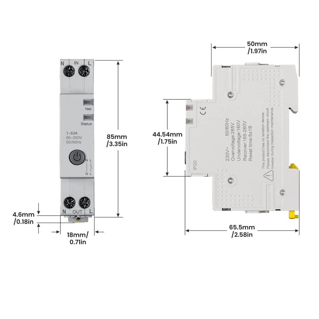 Interruttore WiFi Modulare 63A 220V, 1 Modulo DIN, Memoria, Controllo Remoto con App Tuya Smart Life, Monitoraggio Consumi in Tempo Reale, Compatibile Alexa e Google Home 
