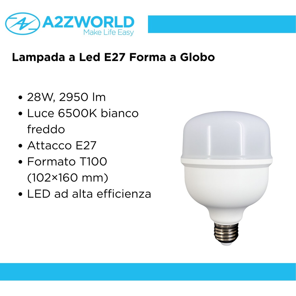 Lampada A Led E27 Globo T100 28W 2950LM Bianco Freddo 6500K 102X160mm