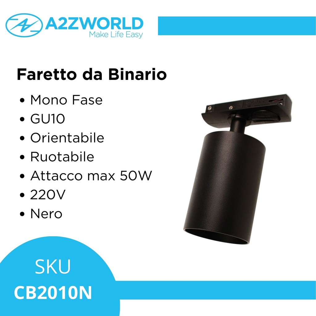 Porta Faretto da Binario Mono Fase, Attacco GU10 orientabile e ruotabile, Max 50W 220V, Nero 