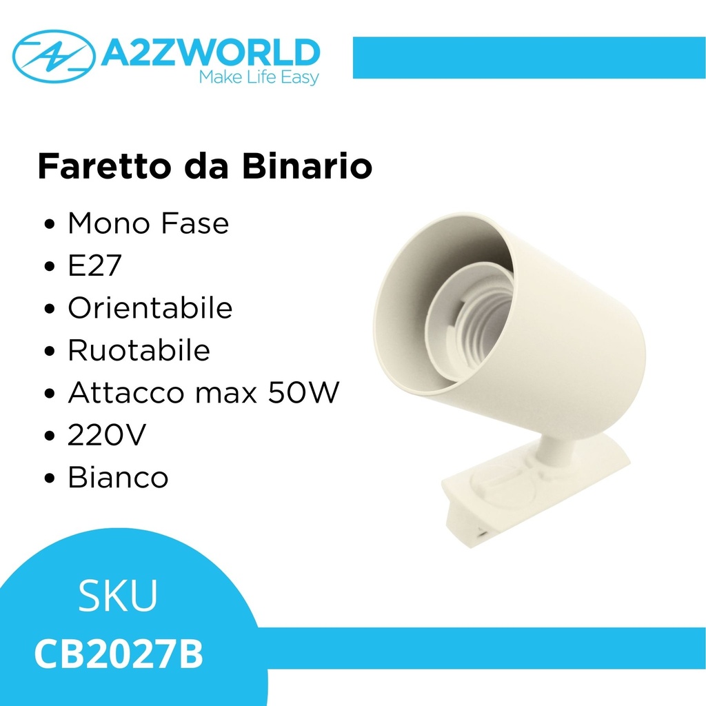 Porta Faretto da Binario Mono Fase, Attacco E27 orientabile e ruotabile, Max 50W 220V, Bianco