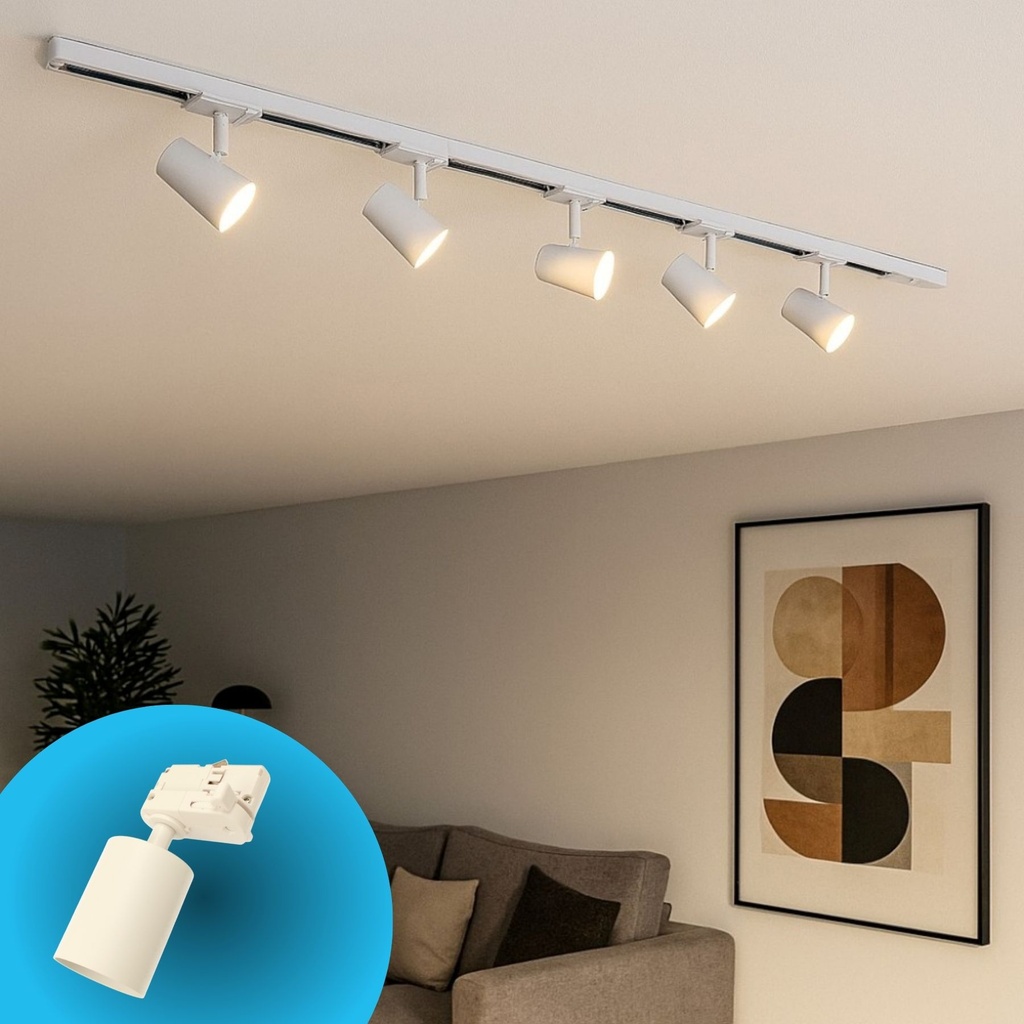 Porta Faretto da Binario Trifase, Attacco E27 orientabile e ruotabile, attacco 4 fili, compatibile con 3 linee di accensione, Max 50W 220V, Bianco