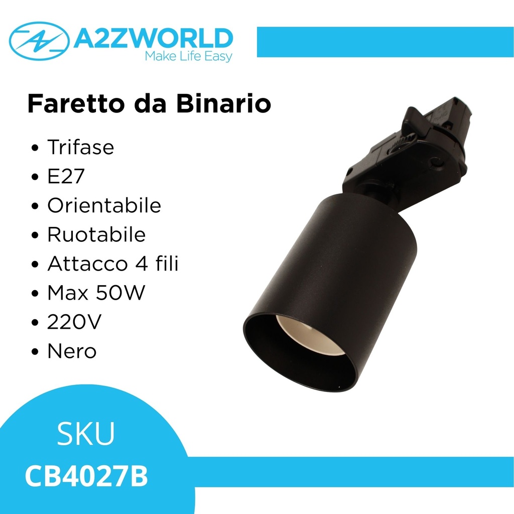 Porta Faretto da Binario Trifase, Attacco E27 orientabile e ruotabile, attacco 4 fili, compatibile con 3 linee di accensione, Max 50W 220V, Nero