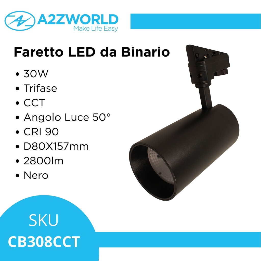 Faro Lampada Led A Binario 30W 2800lm Trifase CCT Angolo Luce 50 Gradi CRI>90 UGR<19 Carcassa Nera 3000K 4000K 6000K 3 In 1 D80X157mm