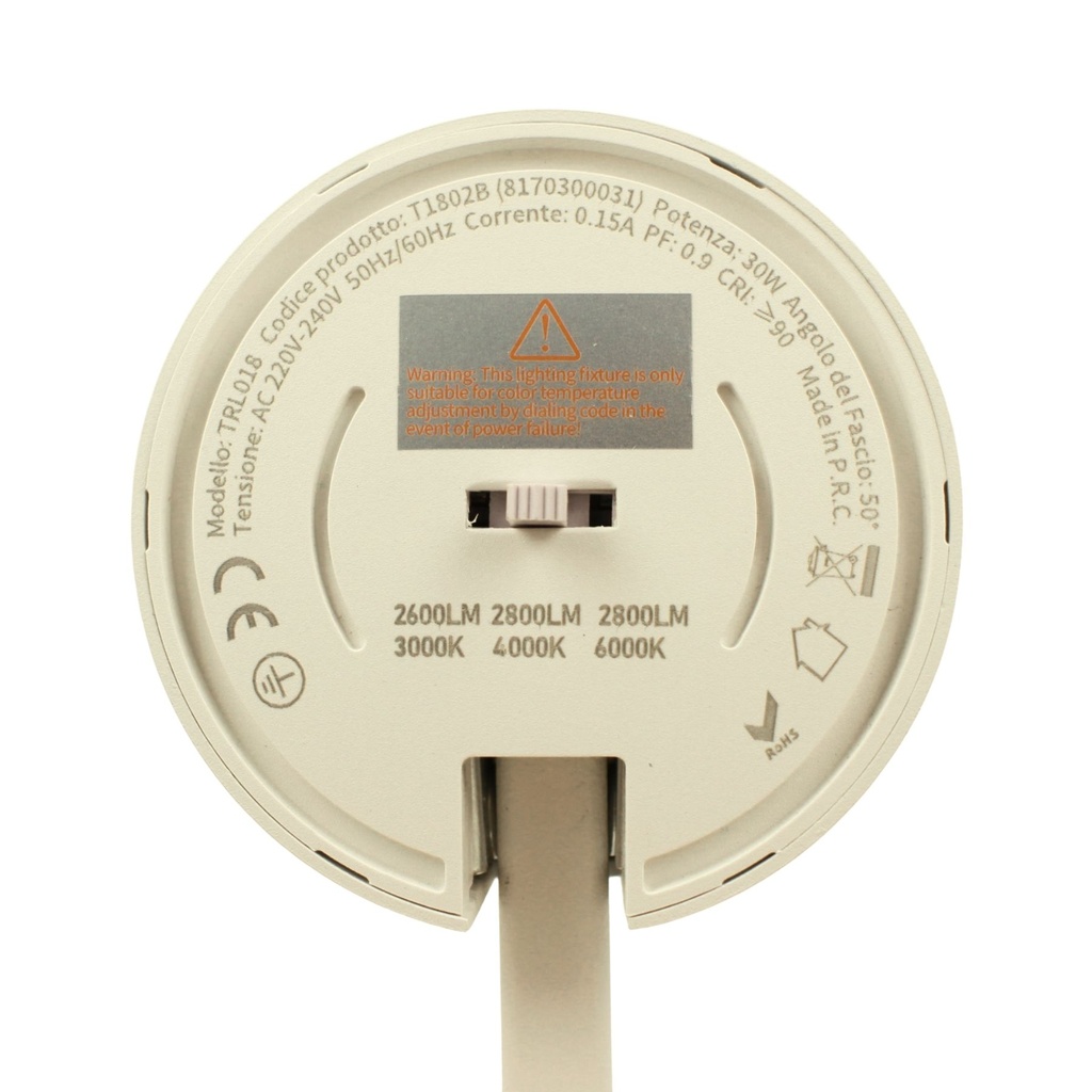 Faro Lampada Led A Binario 30W 2800lm Trifase CCT Angolo Luce 50° CRI>90 UGR<19 Carcassa Bianca 3000K 4000K 6000K 3 In 1 D80X157mm