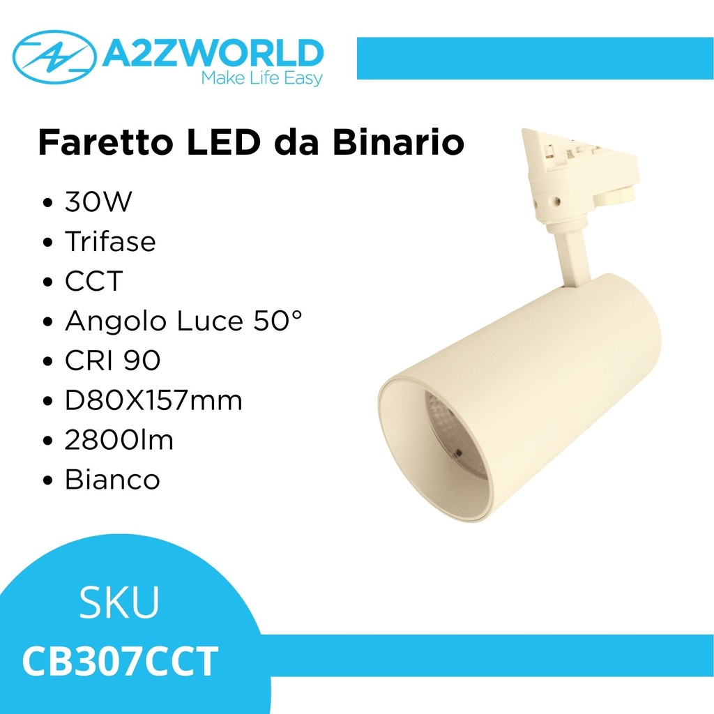 Faro Lampada Led A Binario 30W 2800lm Trifase CCT Angolo Luce 50° CRI>90 UGR<19 Carcassa Bianca 3000K 4000K 6000K 3 In 1 D80X157mm