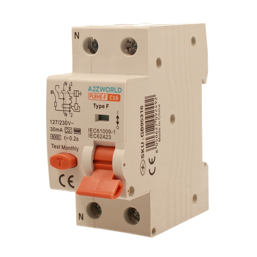 RCBO Interruttore Magnetotermico Differenziale Tipo F Curva C 1P+N 2M 6000A 30mA C16A AC 230V IP20 IEC61009-1