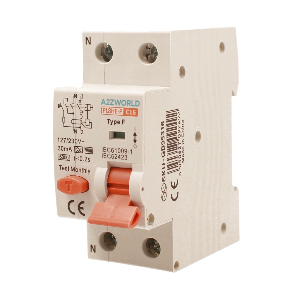 RCBO Interruttore Magnetotermico Differenziale Tipo F Curva C 1P+N 2M 6000A 30mA C16A AC 230V IP20 IEC61009-1
