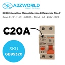 RCBO Interruttore Magnetotermico Differenziale Tipo F Curva C 1P+N 2M 6000A 30mA C20A AC 230V IP20 IEC61009-1