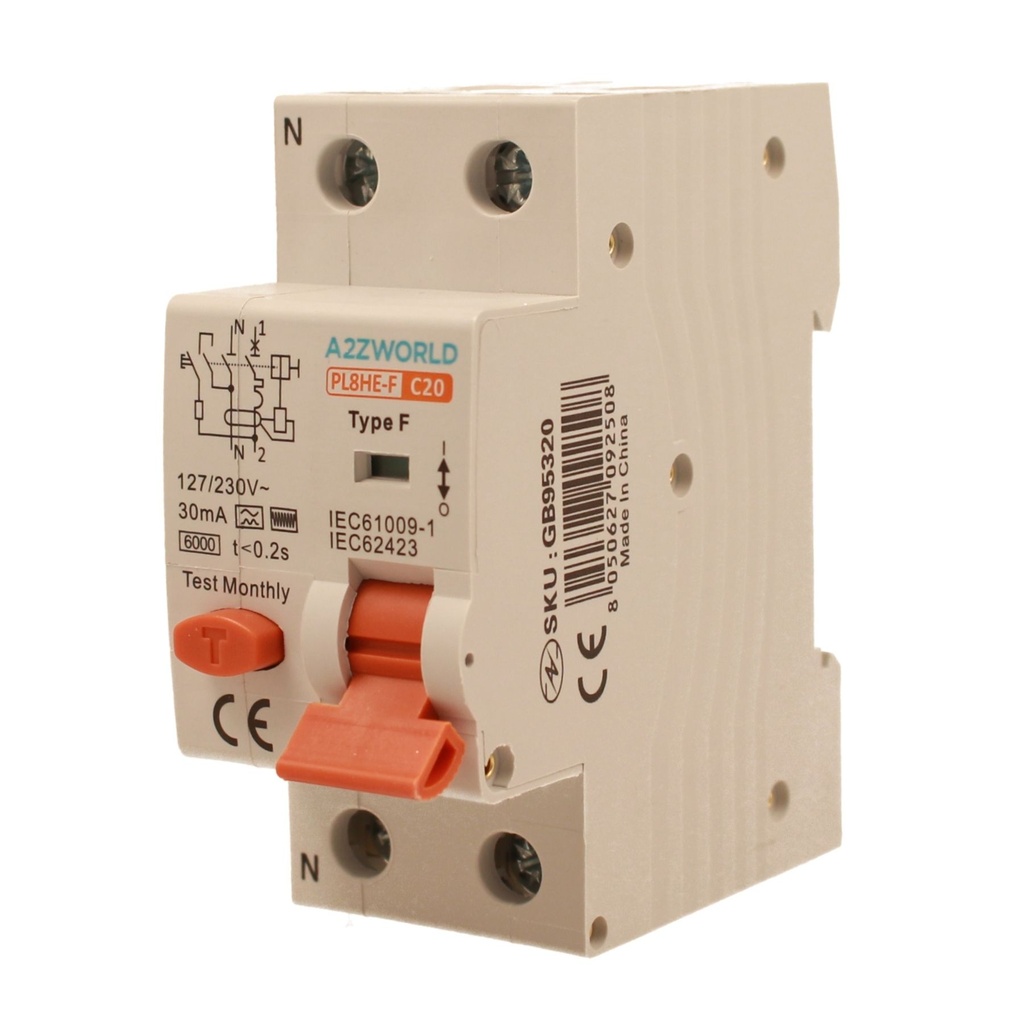 RCBO Interruttore Magnetotermico Differenziale Tipo F Curva C 1P+N 2M 6000A 30mA C20A AC 230V IP20 IEC61009-1