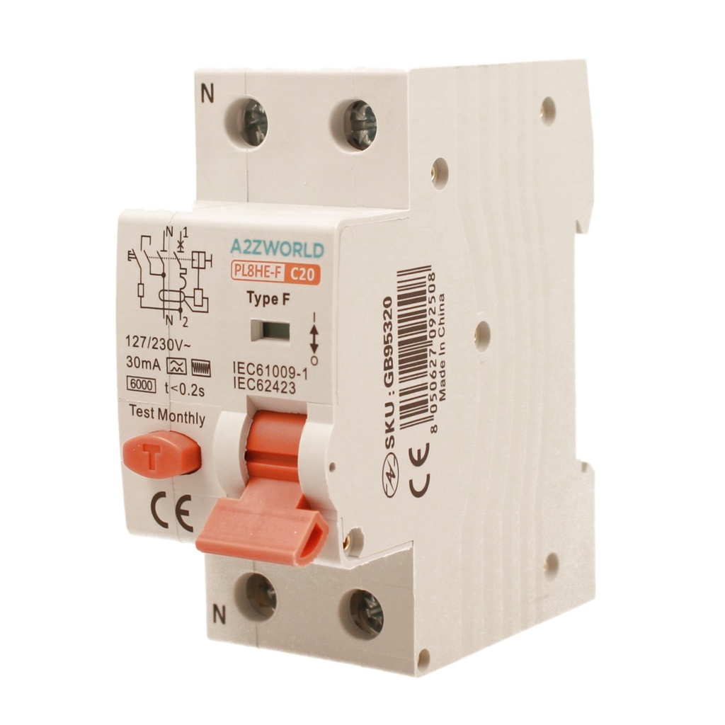 RCBO Interruttore Magnetotermico Differenziale Tipo F Curva C 1P+N 2M 6000A 30mA C20A AC 230V IP20 IEC61009-1