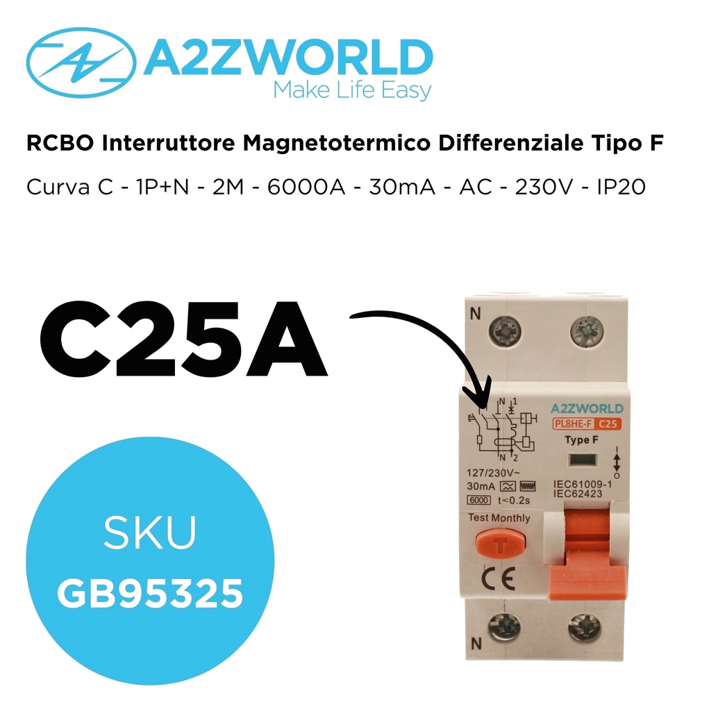 RCBO Interruttore Magnetotermico Differenziale Tipo F Curva C 1P+N 2M 6000A 30mA C25A AC 230V IP20 IEC61009-1