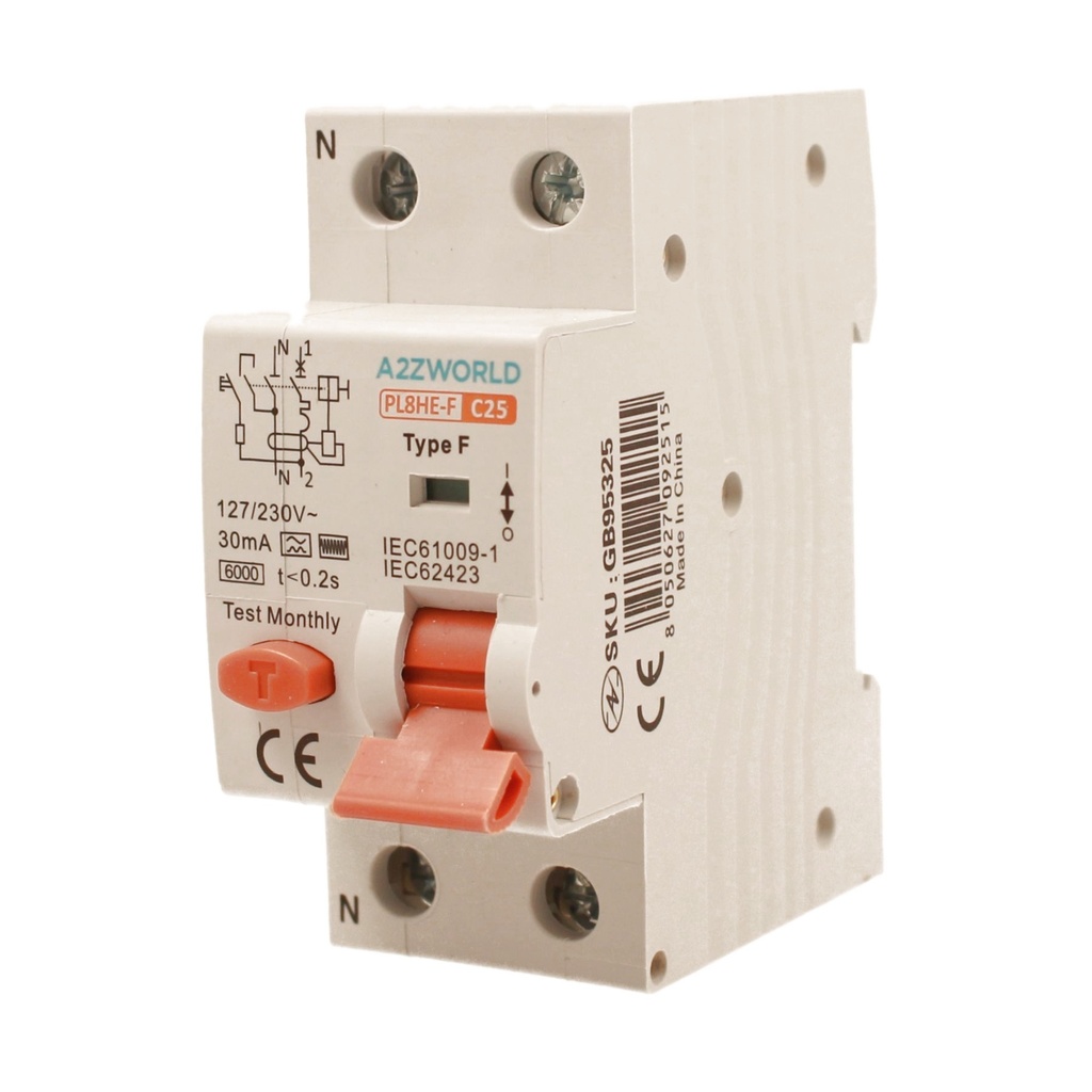 RCBO Interruttore Magnetotermico Differenziale Tipo F Curva C 1P+N 2M 6000A 30mA C25A AC 230V IP20 IEC61009-1