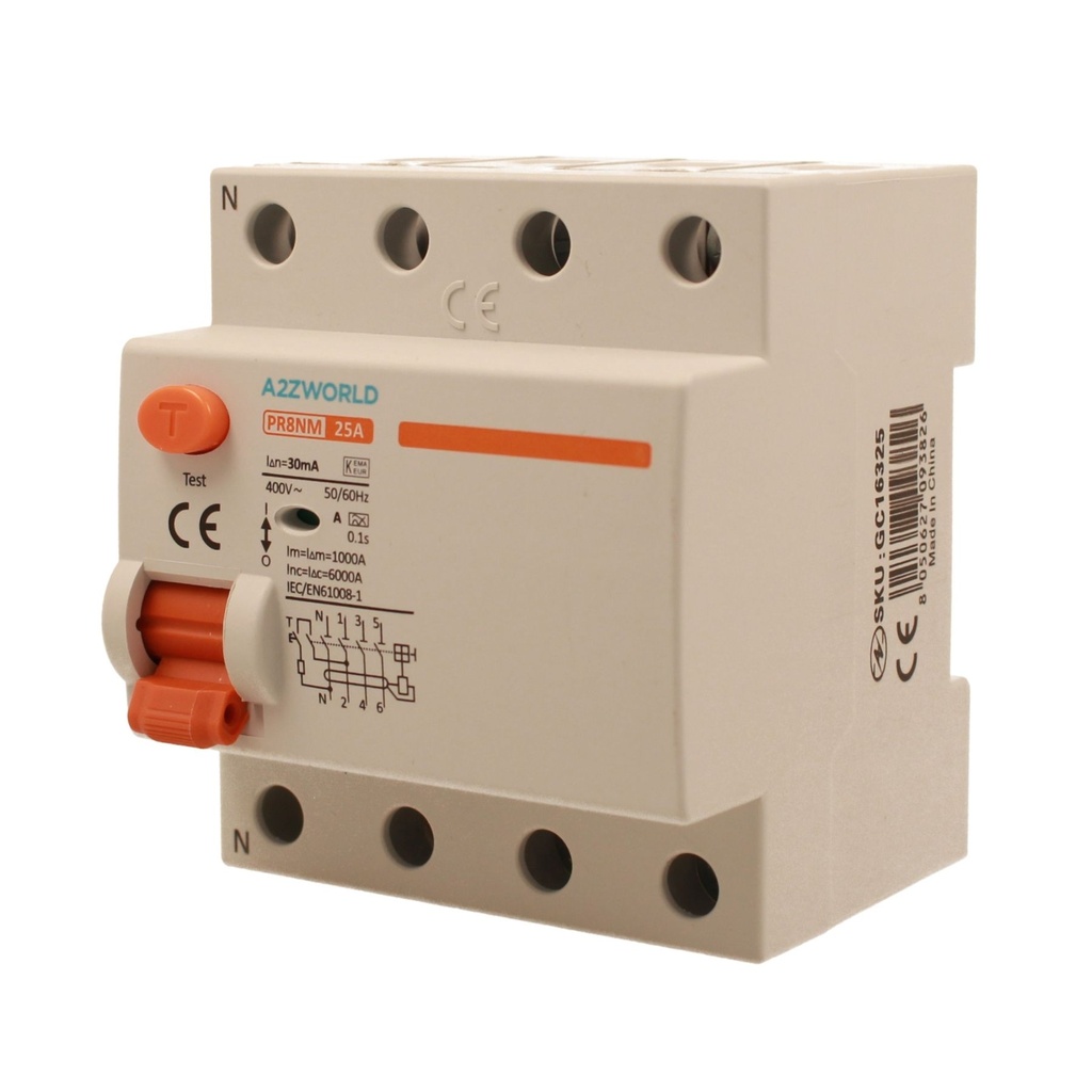 RCCB Interruttore Differenziale Puro Tipo A 3P+N 4M 6000A 30mA 25A AC 400V IP20 IEC61008-1 PR8NM