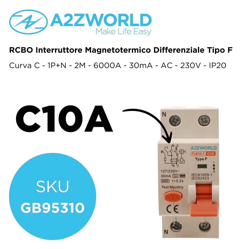 RCBO Interruttore Magnetotermico Differenziale Tipo F Curva C 1P+N 2M 6000A 30mA C10A AC 230V IP20 IEC61009-1
