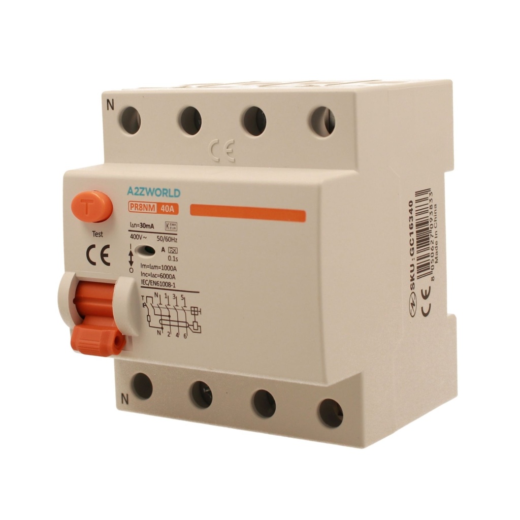 RCCB Interruttore Differenziale Puro Tipo A 3P+N 4M 6000A 30mA 40A AC 400V IP20 IEC61008-1 PR8NM