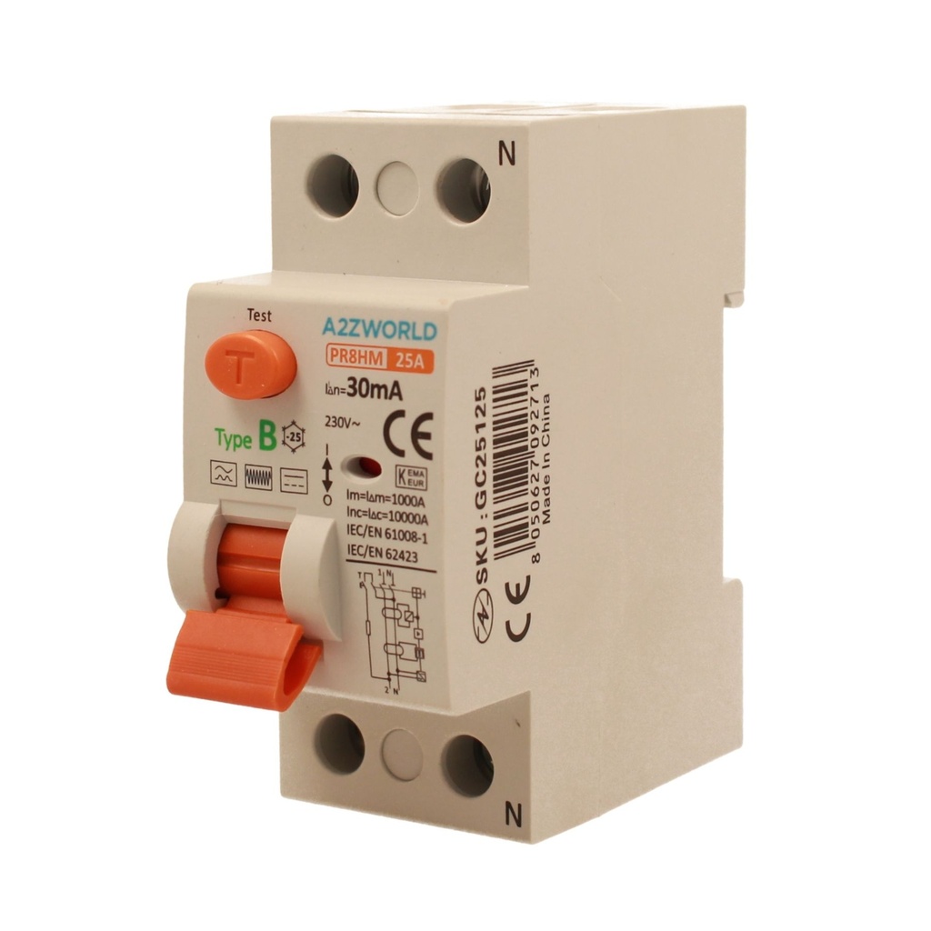 RCCB Interruttore Differenziale Puro Tipo B 1P+N 2M 10000A 30mA 25A AC 230V IP20 IEC61008-1 / IEC62423 PR8HM