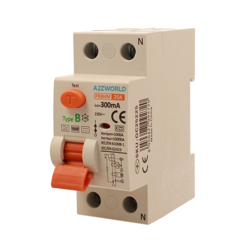 RCCB Interruttore Differenziale Puro Tipo B 1P+N 2M 10000A 300mA 25A AC 230V IP20 IEC61008-1 / IEC62423 PR8HM