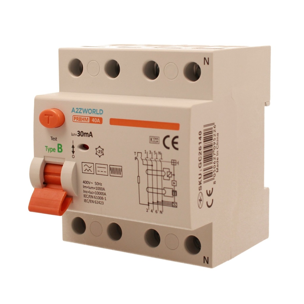 RCCB Interruttore Differenziale Puro Tipo B 3P+N 4M 10000A 30mA 40A AC 400V IP20 IEC61008-1 / IEC62423 PR8HM
