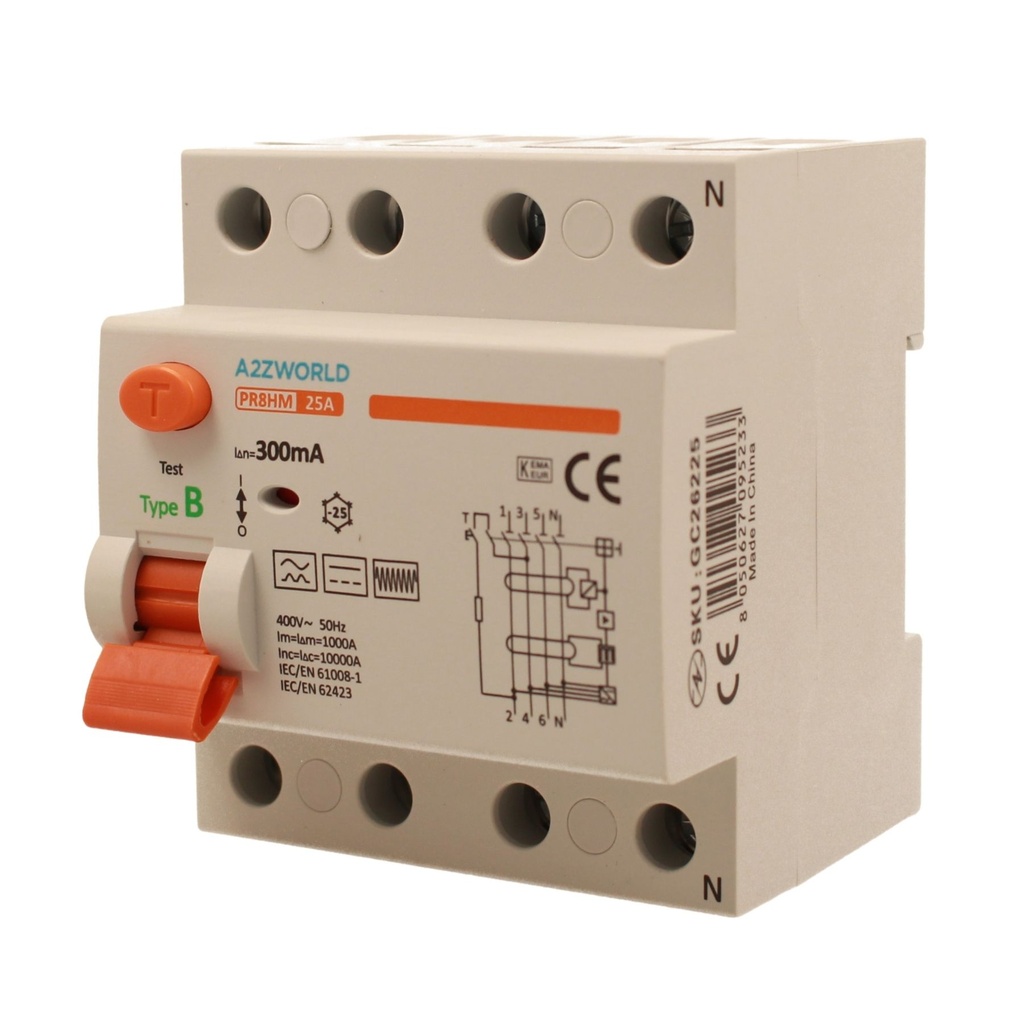 RCCB Interruttore Differenziale Puro Tipo B 3P+N 4M 10000A 300mA 25A AC 400V IP20 IEC61008-1 / IEC62423 PR8HM