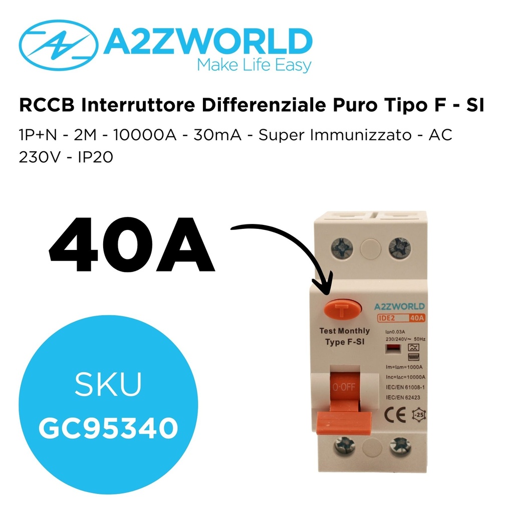 RCCB Interruttore Differenziale Puro Tipo F - SI 1P+N 2M 10000A 30mA Super Immunizzato 40A AC 230V IP20 IEC61008-1