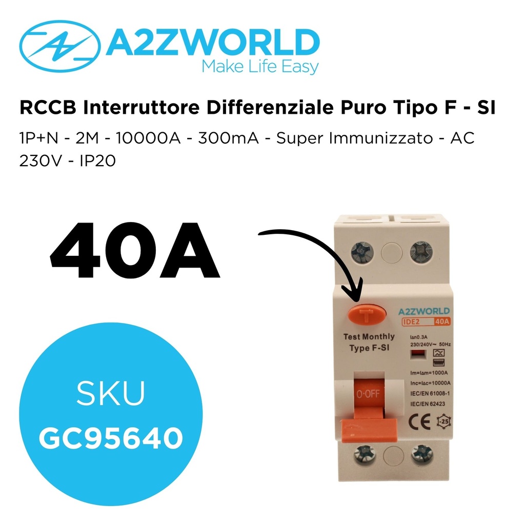 RCCB Interruttore Differenziale Puro Tipo F - SI 1P+N 2M 10000A 300mA Super Immunizzato 40A AC 230V IP20 IEC61008-1
