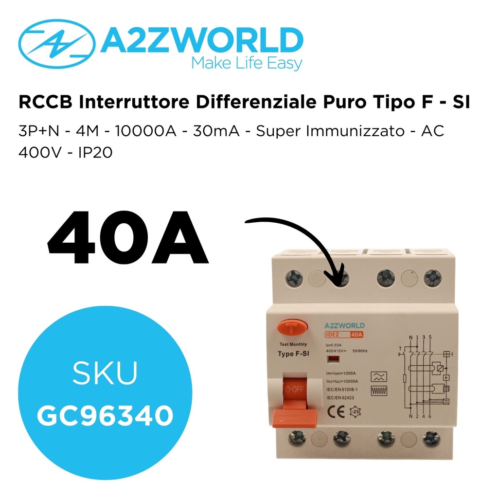 RCCB Interruttore Differenziale Puro Tipo F - SI 3P+N 4M 10000A 30mA Super Immunizzato 40A AC 400V IP20 IEC61008-1