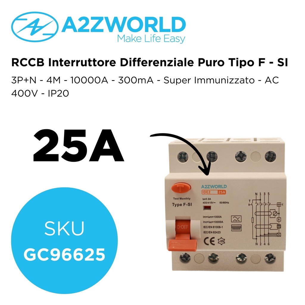 RCCB Interruttore Differenziale Puro Tipo F - SI 3P+N 4M 10000A 300mA Super Immunizzato 25A AC 400V IP20 IEC61008-1
