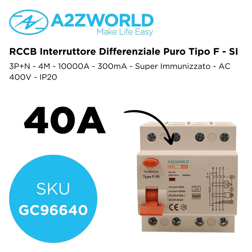 RCCB Interruttore Differenziale Puro Tipo F - SI 3P+N 4M 10000A 300mA Super Immunizzato 40A AC 400V IP20 IEC61008-1