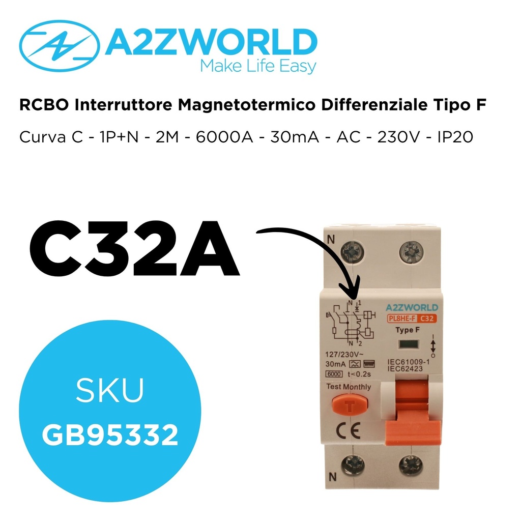 RCBO Interruttore Magnetotermico Differenziale Tipo F Curva C 1P+N 2M 6000A 30mA C32A AC 230V IP20 IEC61009-1