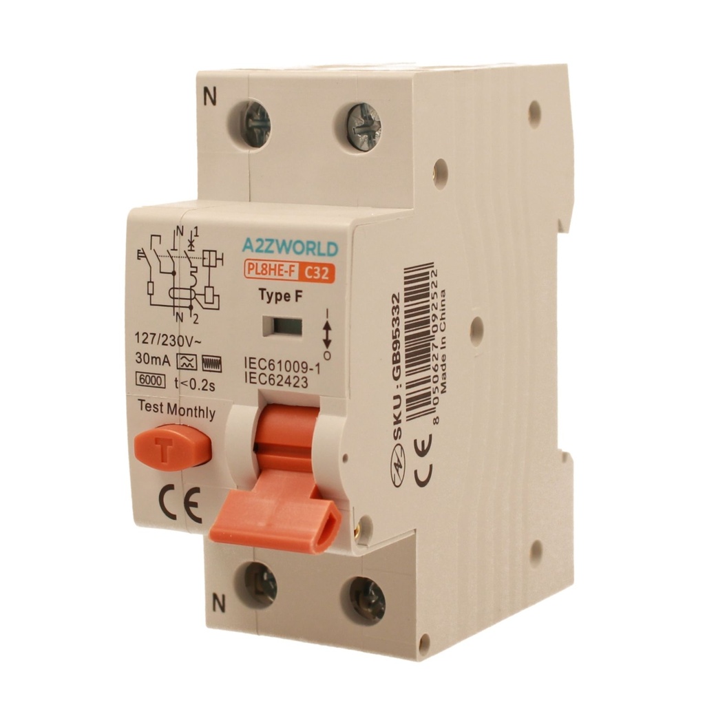 RCBO Interruttore Magnetotermico Differenziale Tipo F Curva C 1P+N 2M 6000A 30mA C32A AC 230V IP20 IEC61009-1