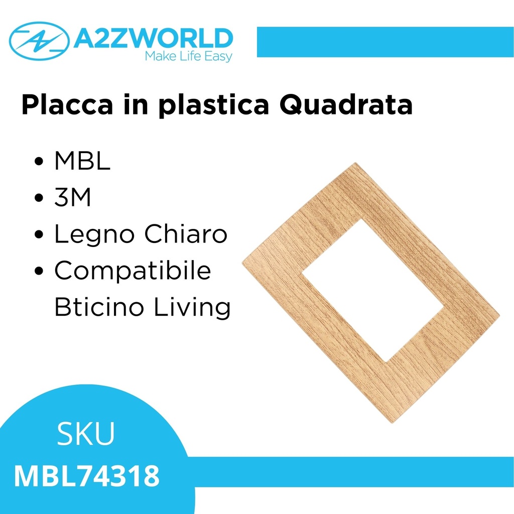 Placca Plastica Quadrata MBL 3M Legno Chiaro Compatibile Bticino Living BLN89304