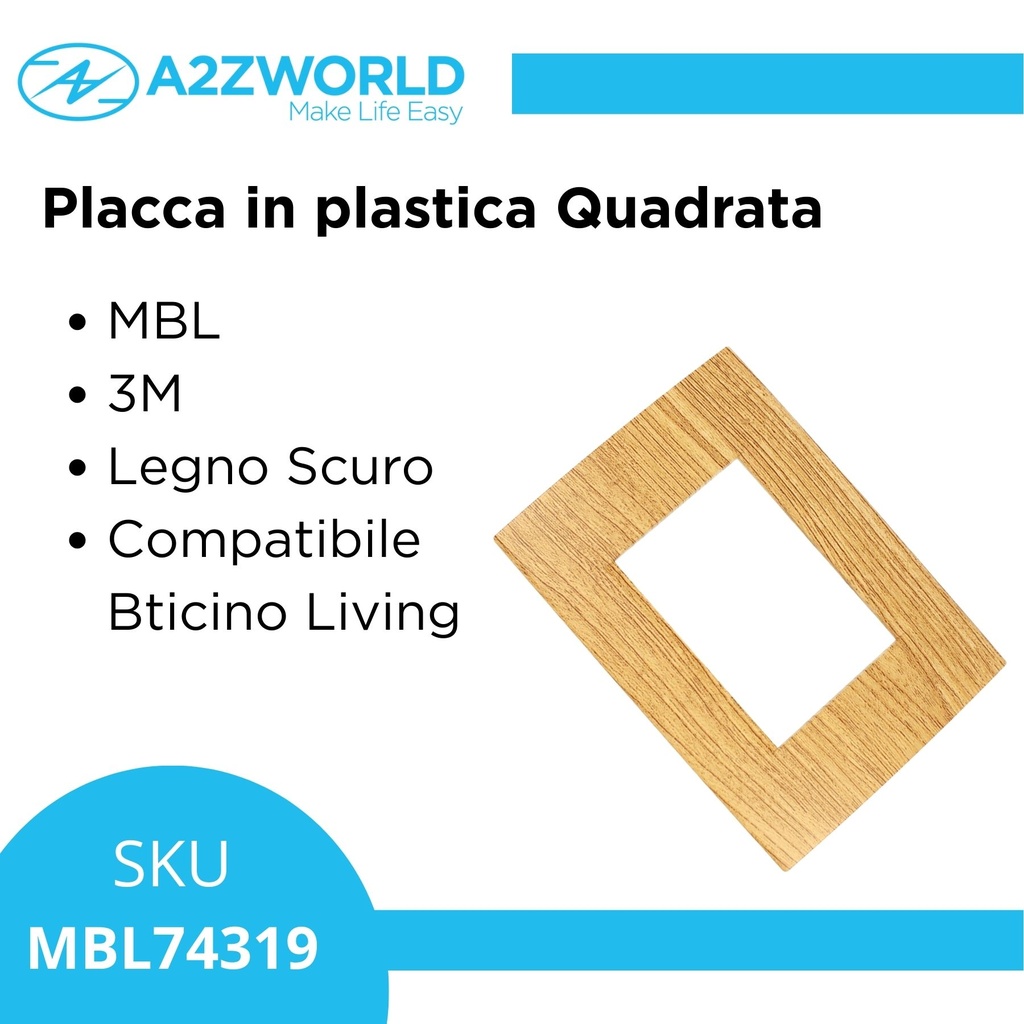 Placca Plastica Quadrata MBL 3M Legno Scuro Compatibile Bticino Living BLN89305