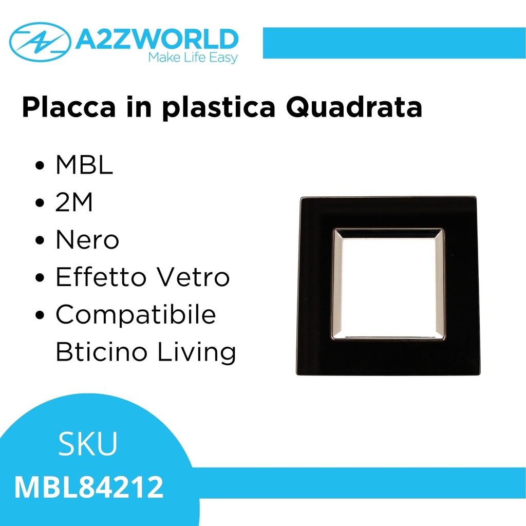 Placca Quadrata Effetto Vetro MBL 2M Nero Compatibile Bticino Living