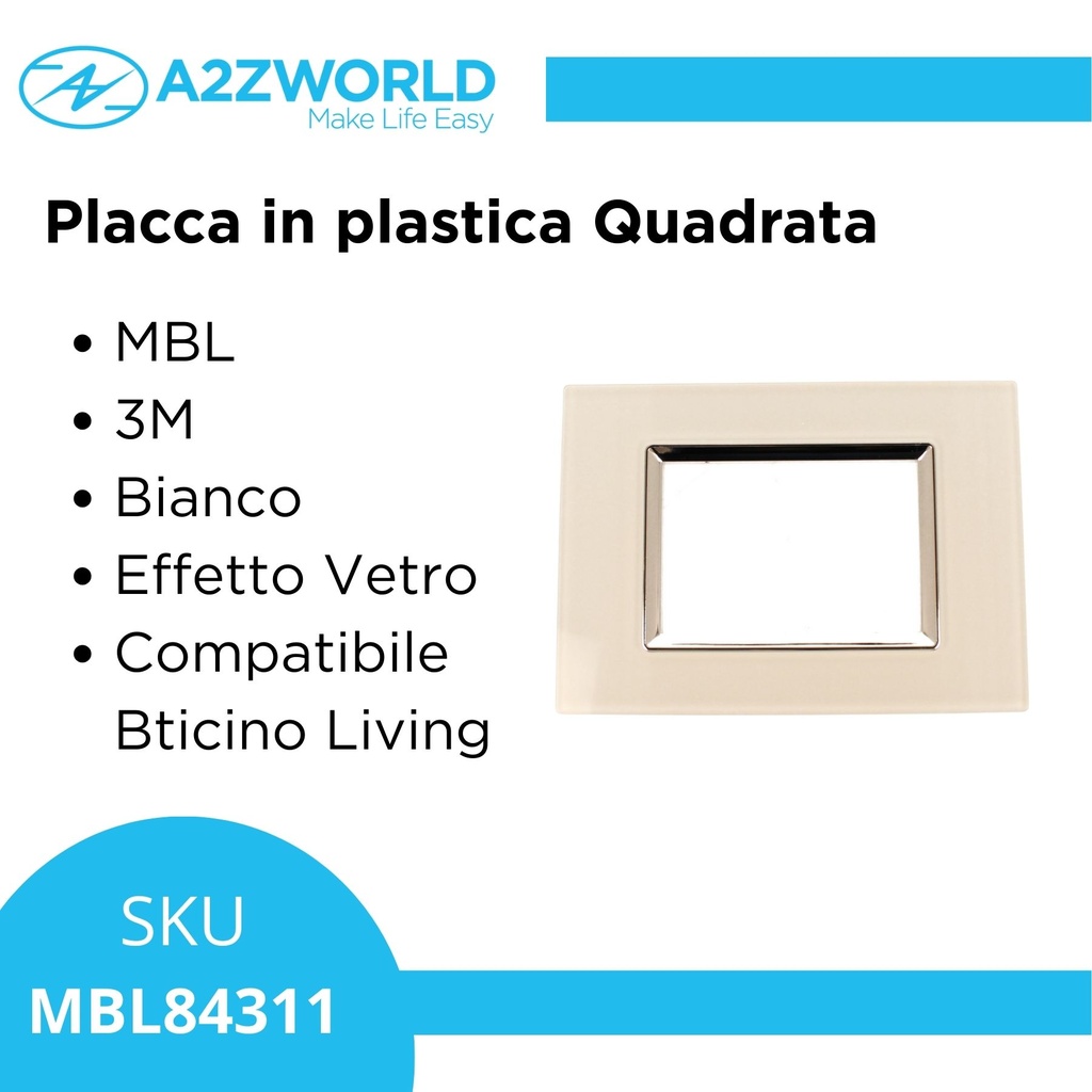 Placca Quadrata Effetto Vetro MBL 3M Bianco Compatibile Bticino Living BLN84301